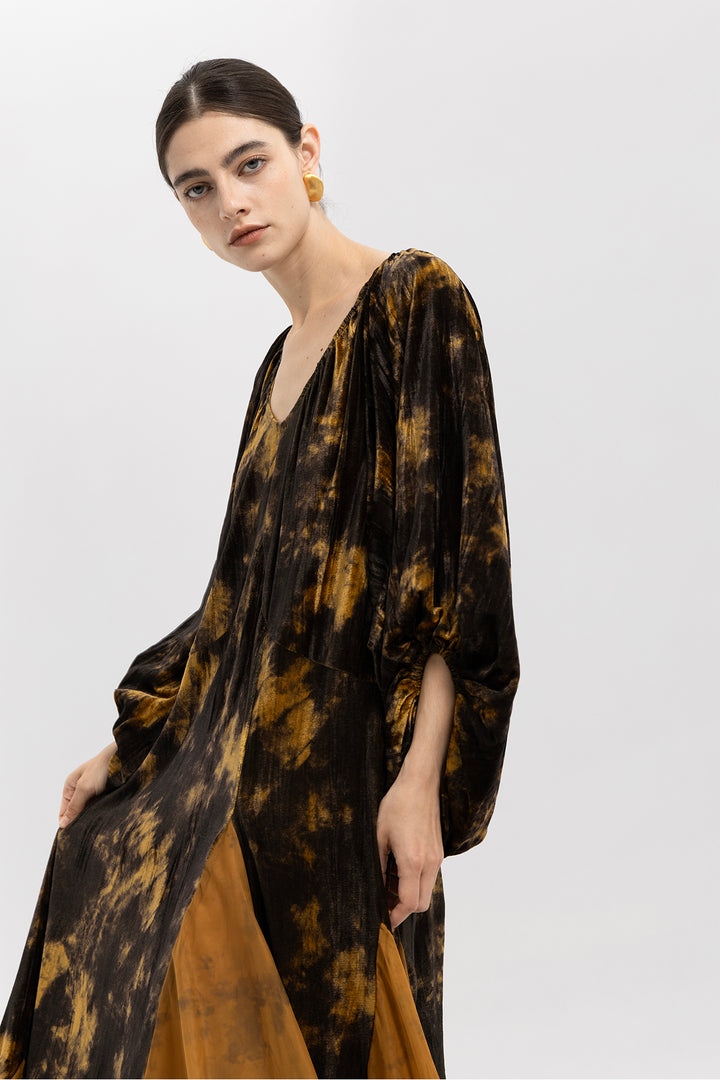 Amber Smoke Velvet Mesh Splice Maxi Dress