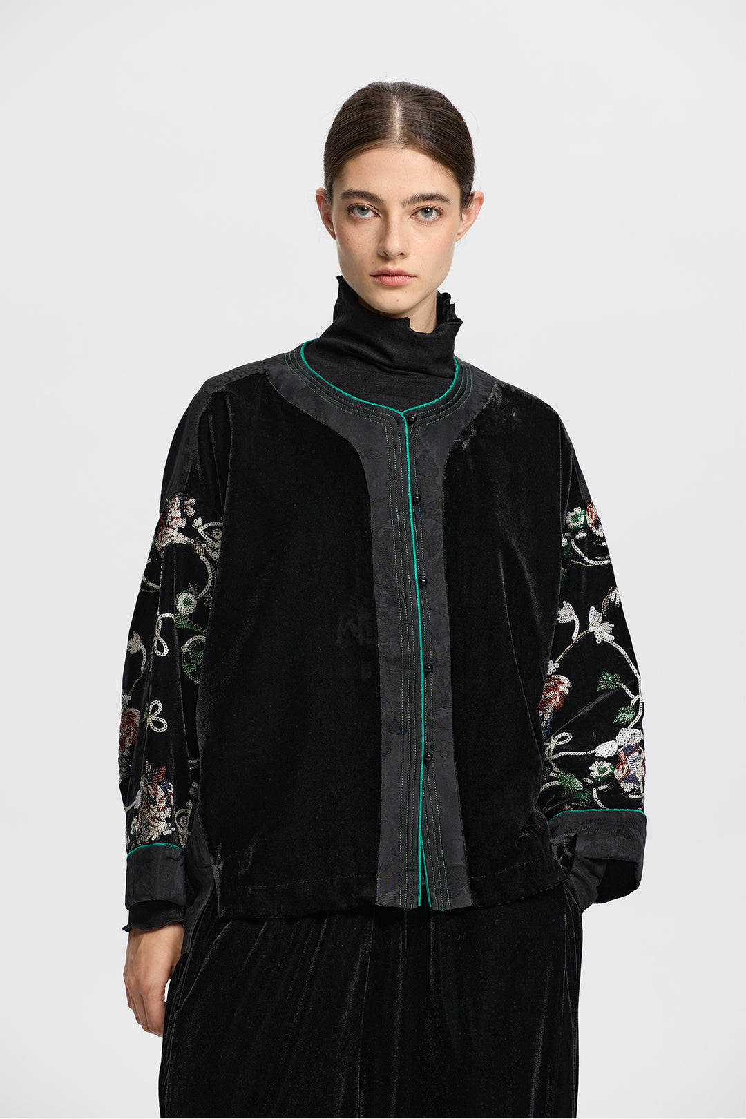 Thalassa Velvet Jacket with Embroidered Sleeves