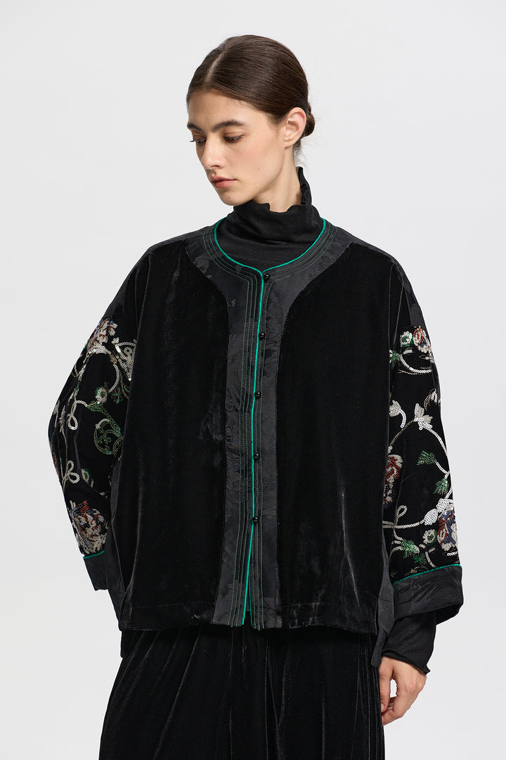 Thalassa Velvet Jacket with Embroidered Sleeves
