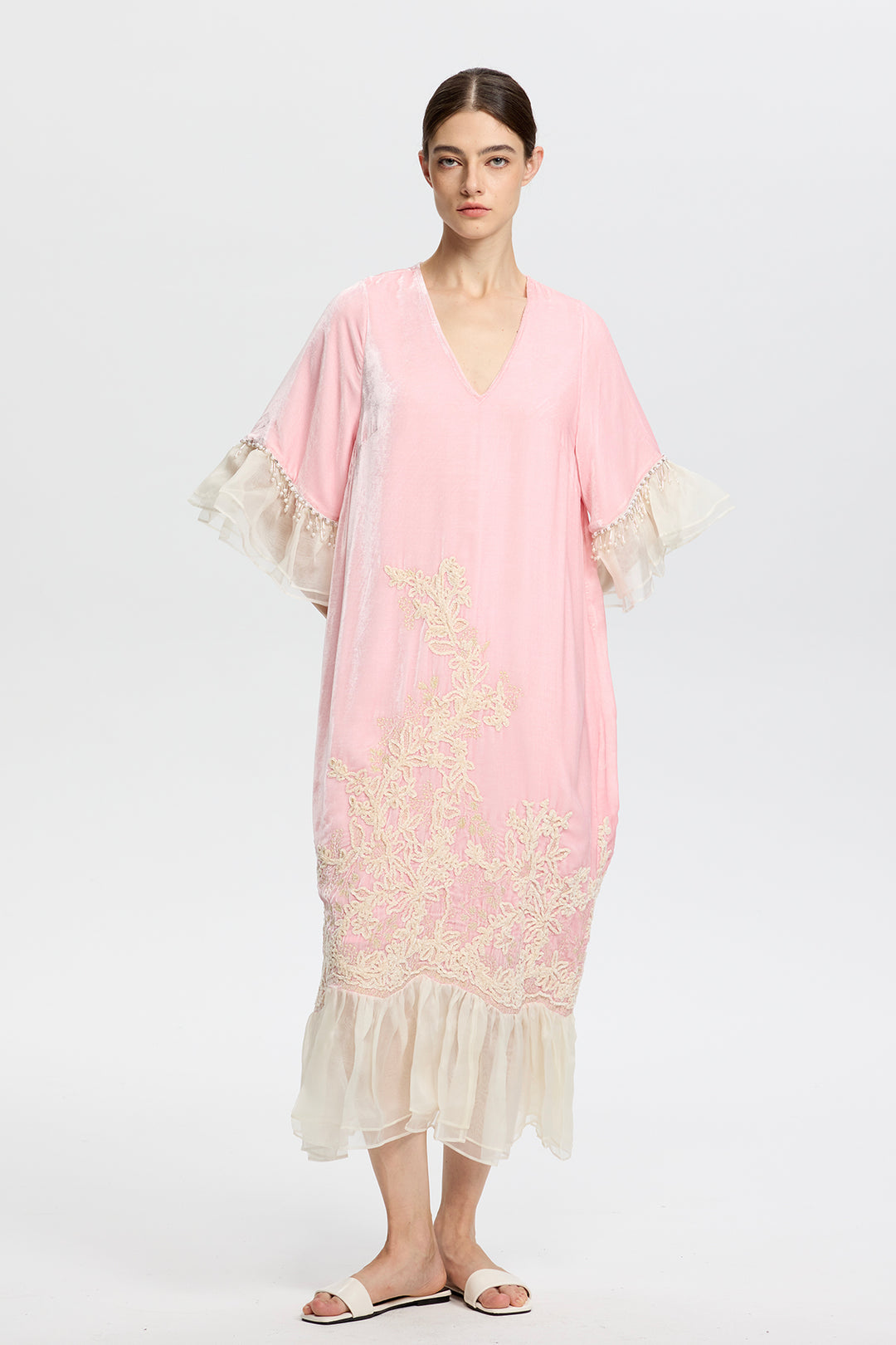 Elowen Embroidered Velvet Ruffle Hem Dress