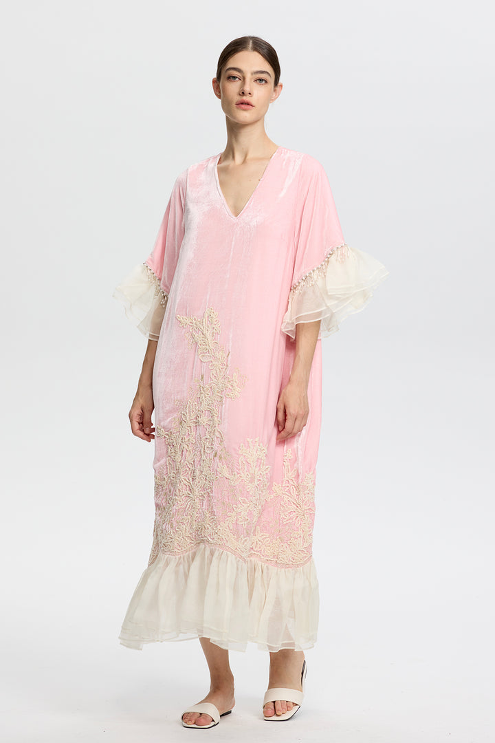 Elowen Embroidered Velvet Ruffle Hem Dress