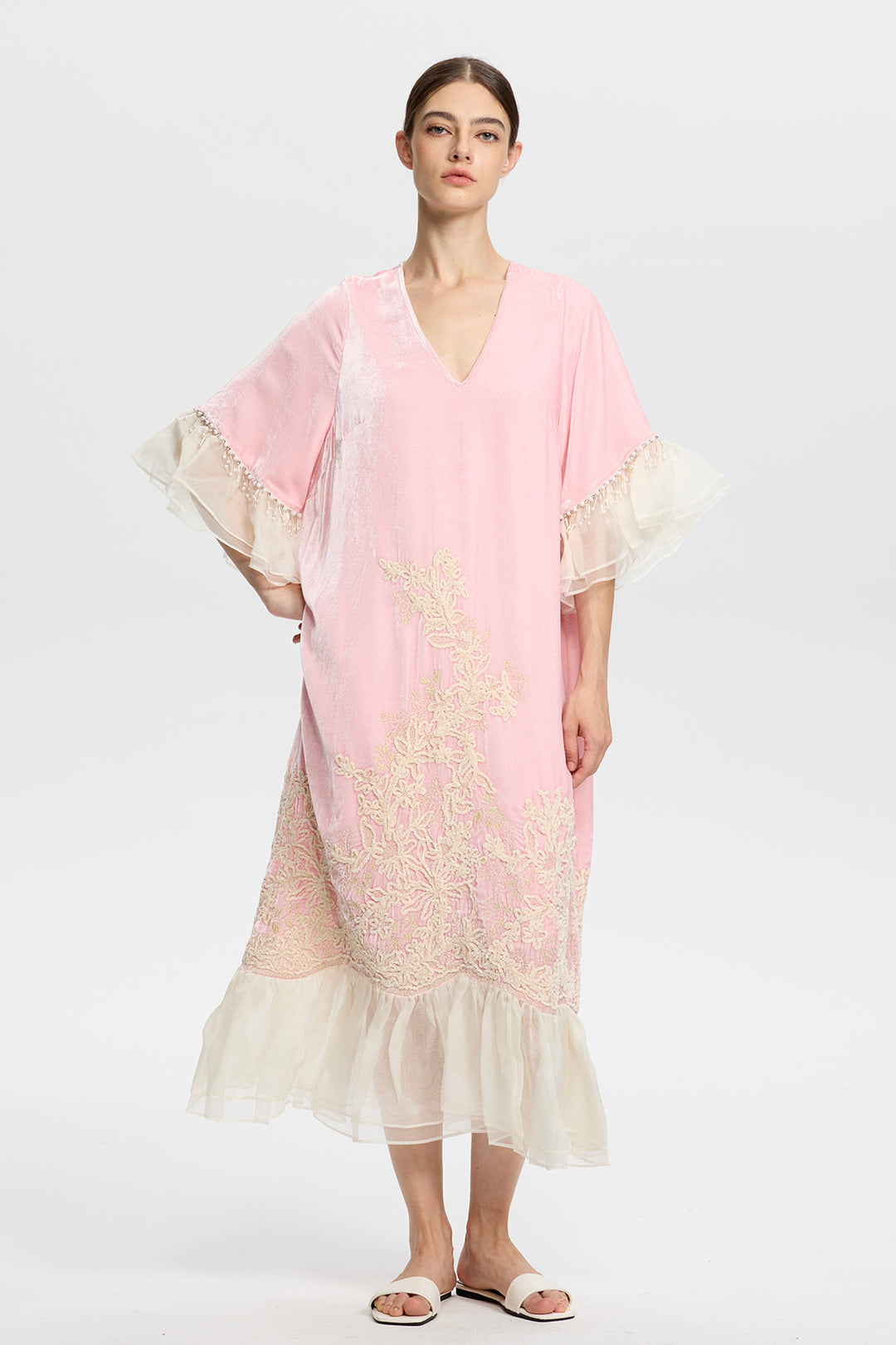 Elowen Embroidered Velvet Ruffle Hem Dress