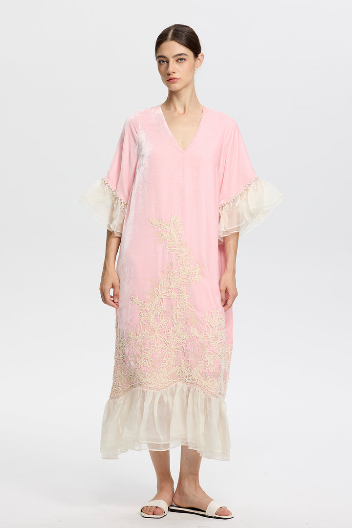 Elowen Embroidered Velvet Ruffle Hem Dress