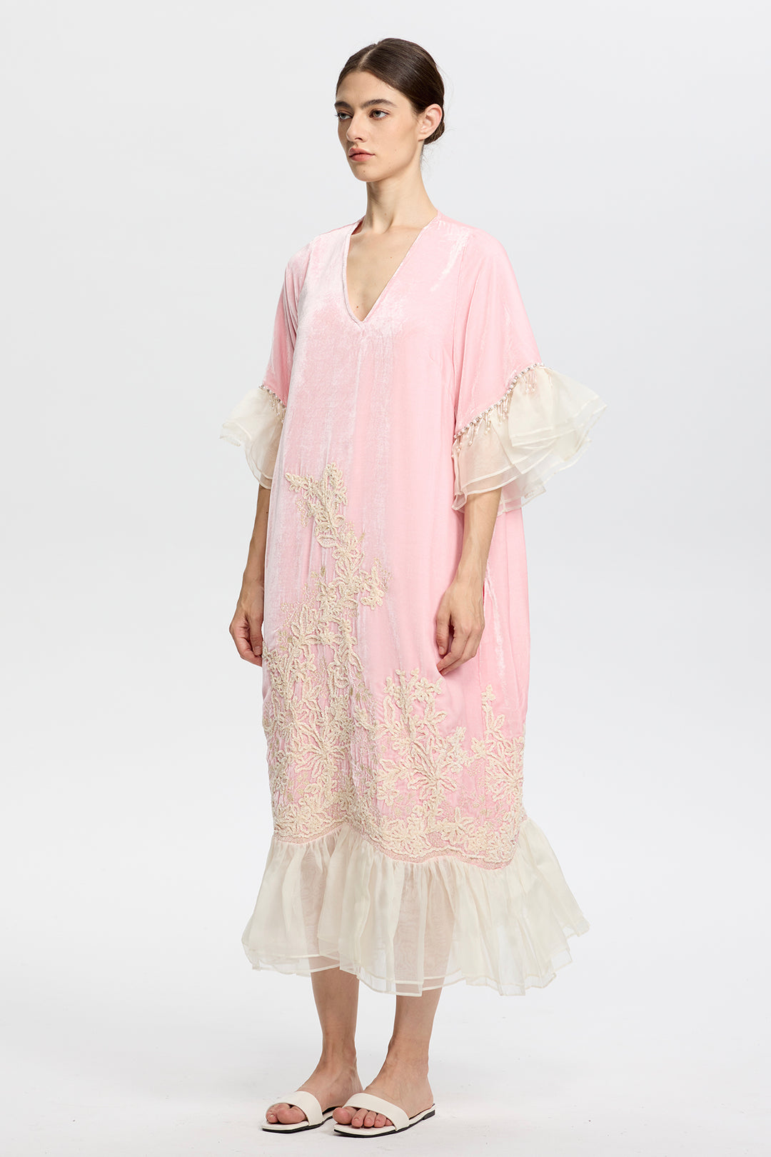 Elowen Embroidered Velvet Ruffle Hem Dress