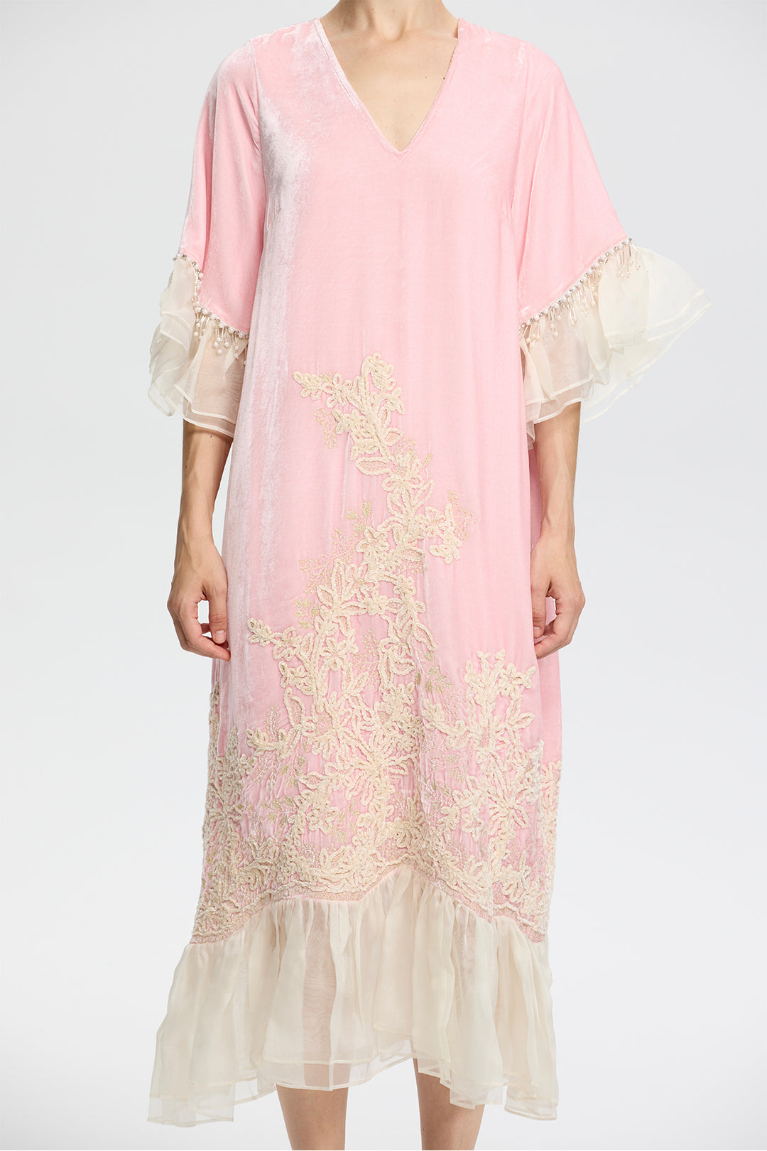 Elowen Embroidered Velvet Ruffle Hem Dress
