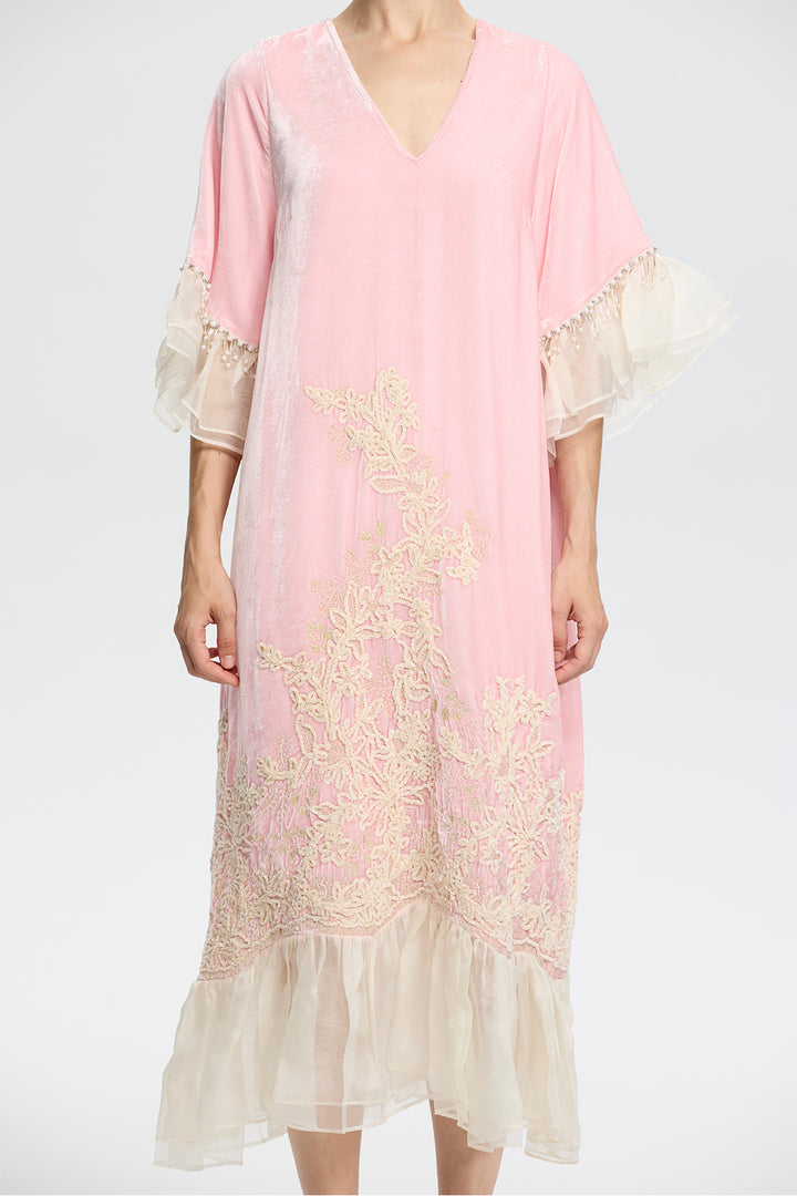 Elowen Embroidered Velvet Ruffle Hem Dress