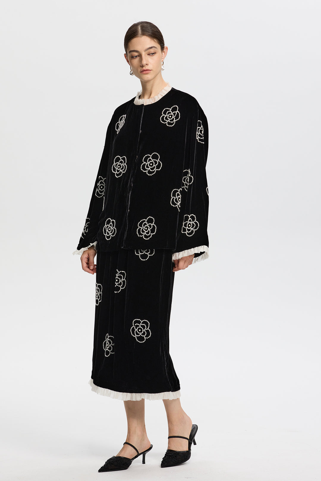 Yvaine Velvet Two-Piece with Embroidered Flowers