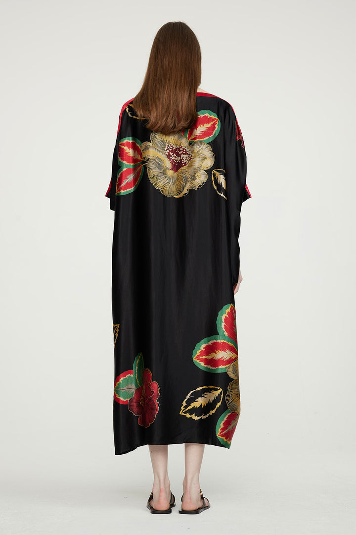 Vestido maxi de seda aconchegante com estampa floral - vermelho