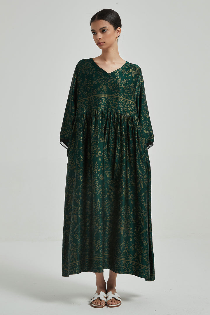 Robe en Soie Confortable Et Élégante Imprimée Rétro à Col en V - Vert