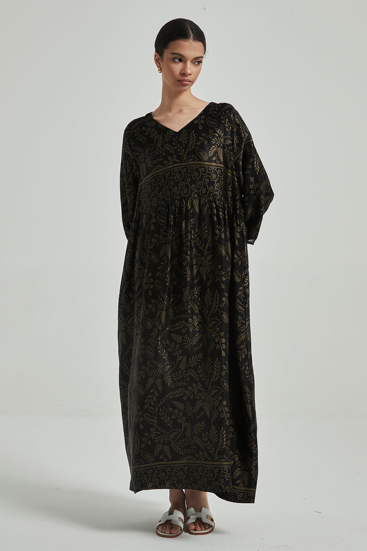 Vestido de seda elegante e aconchegante com decote em V e estampa retrô - PRETO