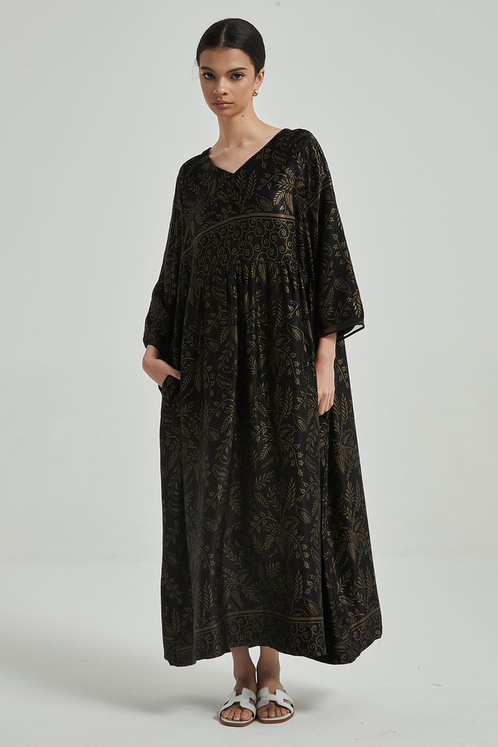 Vestido de seda elegante e aconchegante com decote em V e estampa retrô - PRETO