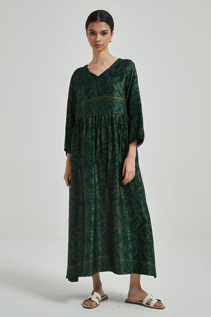 Robe en Soie Confortable Et Élégante Imprimée Rétro à Col en V - Vert