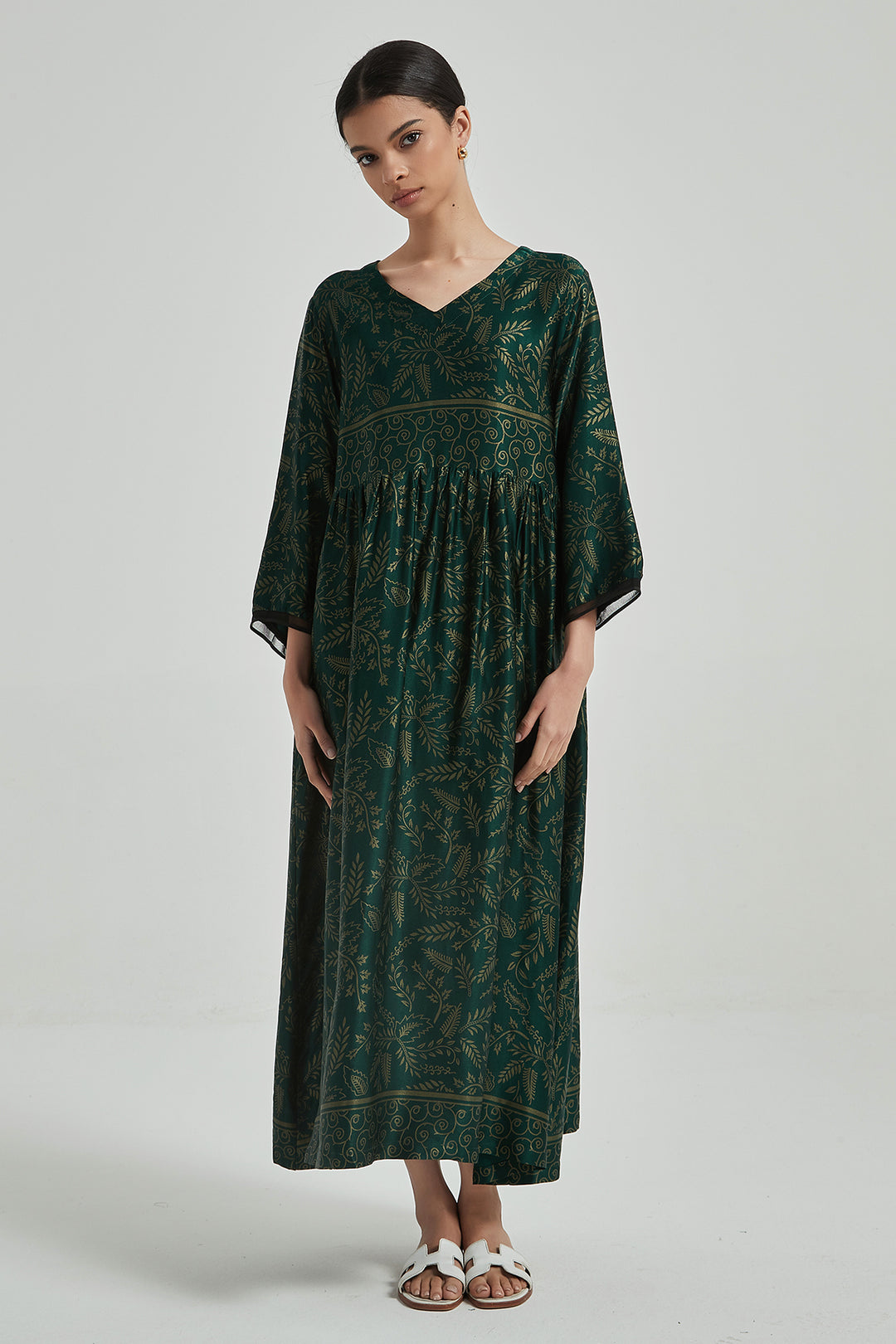 Robe en Soie Confortable Et Élégante Imprimée Rétro à Col en V - Vert