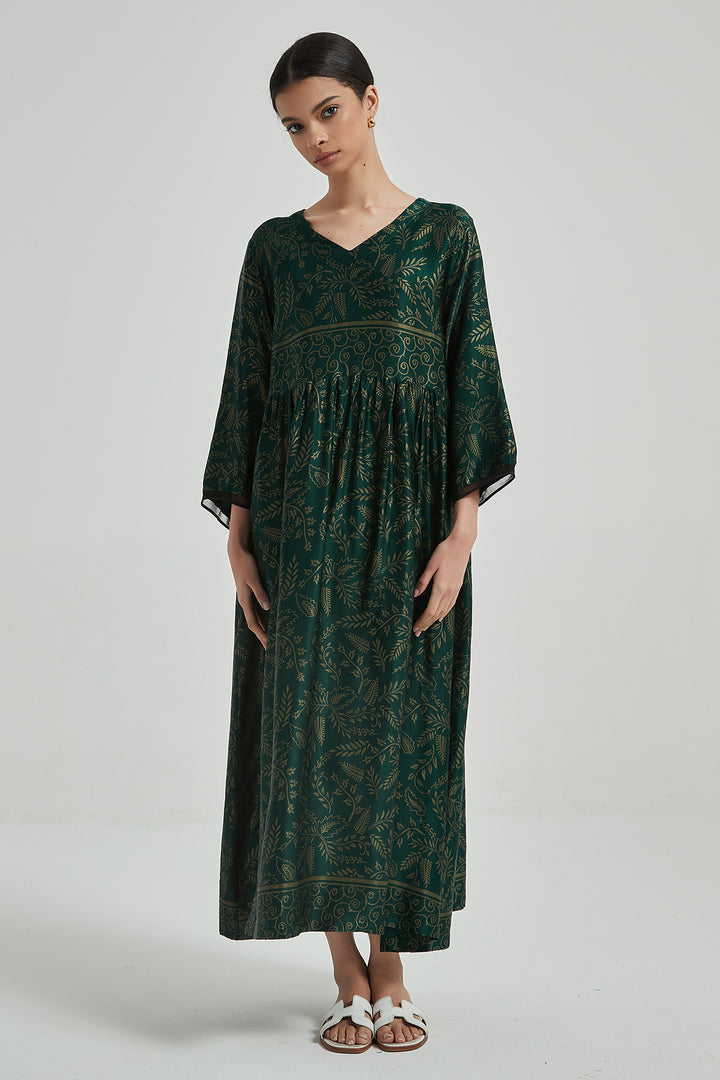Robe en Soie Confortable Et Élégante Imprimée Rétro à Col en V - Vert