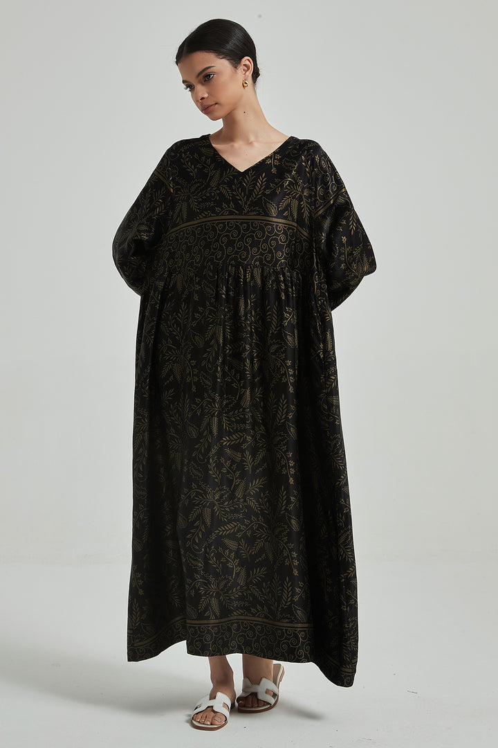 Vestido de seda elegante e aconchegante com decote em V e estampa retrô - PRETO