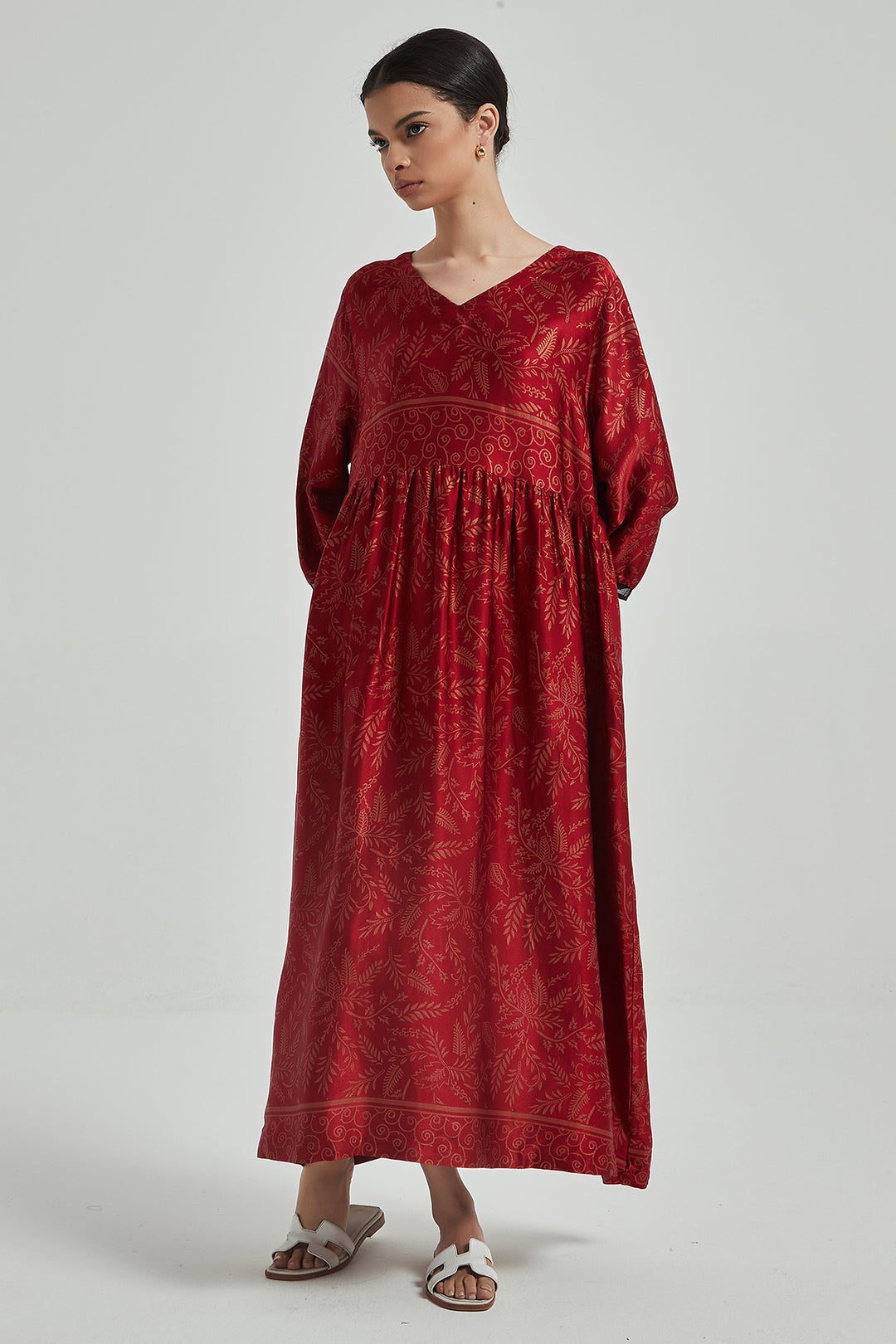 V-Neck Retro Print Elegant Cozy Silk Dress - RED