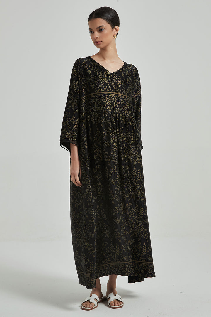 Vestido de seda elegante e aconchegante com decote em V e estampa retrô - PRETO