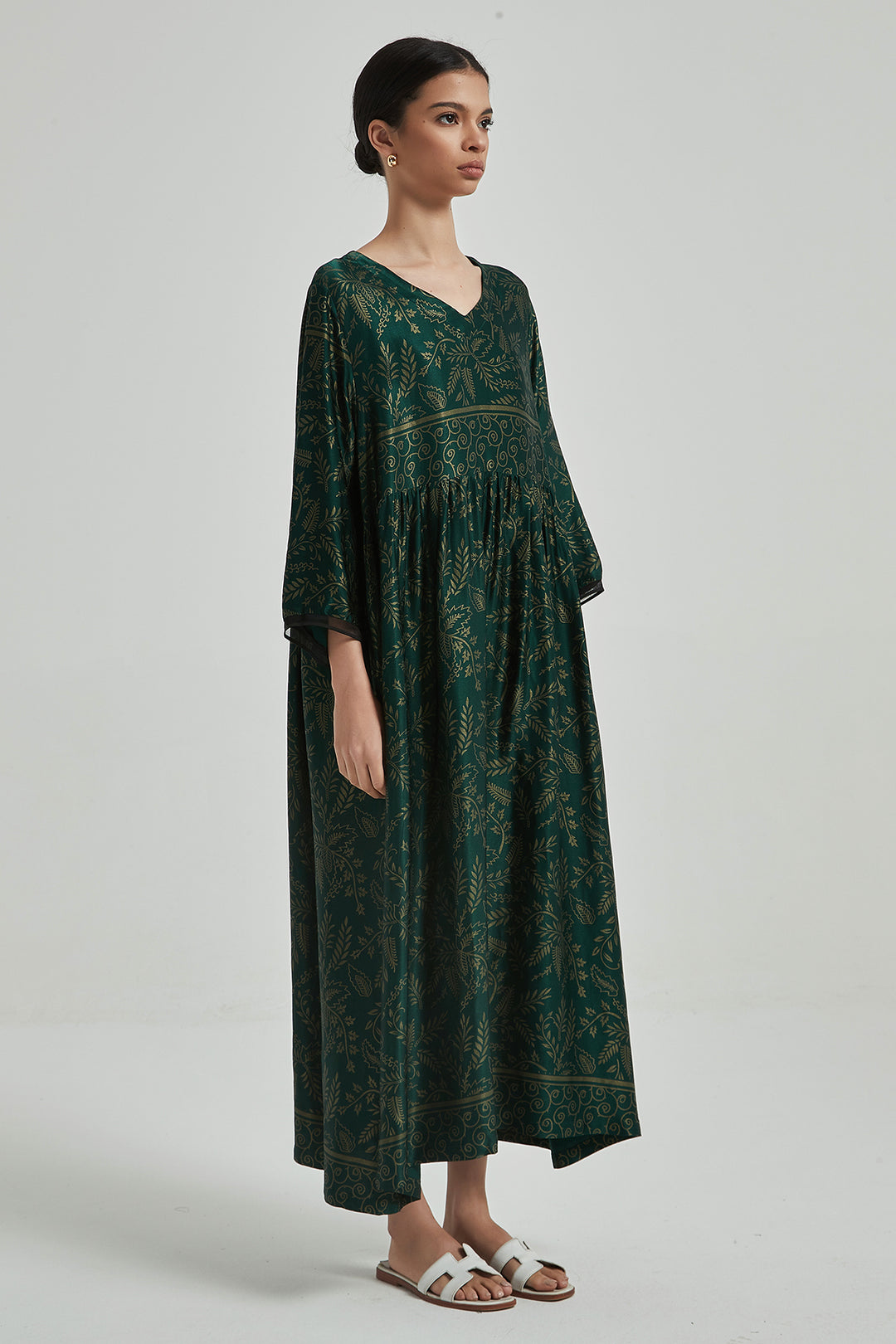 Robe en Soie Confortable Et Élégante Imprimée Rétro à Col en V - Vert