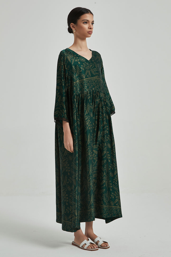 Robe en Soie Confortable Et Élégante Imprimée Rétro à Col en V - Vert