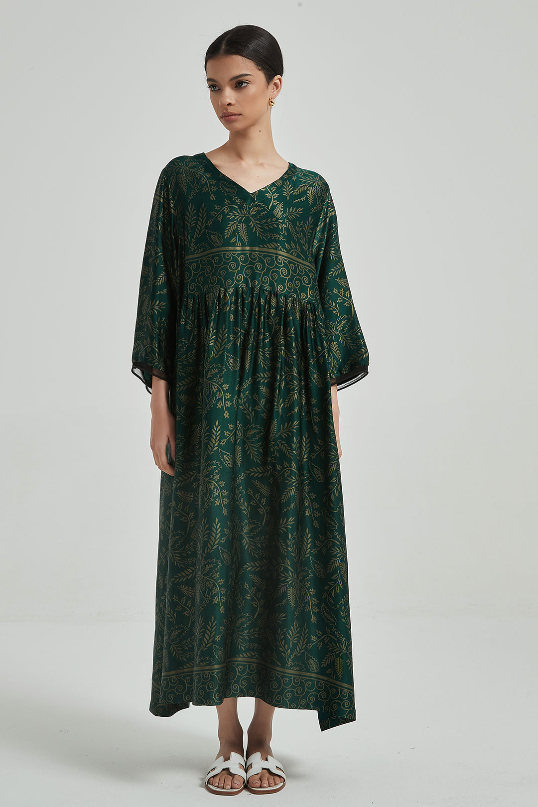 Robe en Soie Confortable Et Élégante Imprimée Rétro à Col en V - Vert