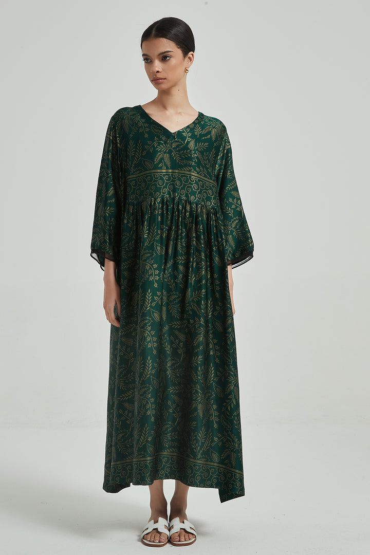 Robe en Soie Confortable Et Élégante Imprimée Rétro à Col en V - Vert