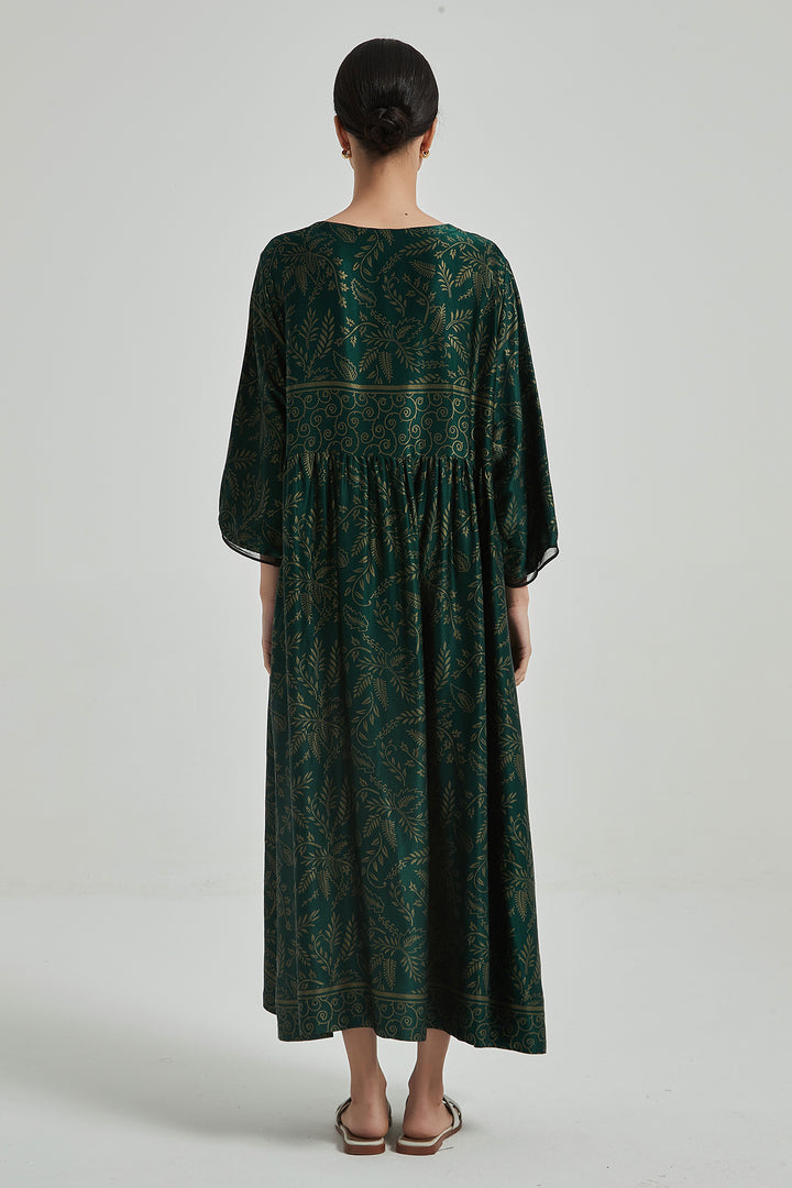 Robe en Soie Confortable Et Élégante Imprimée Rétro à Col en V - Vert