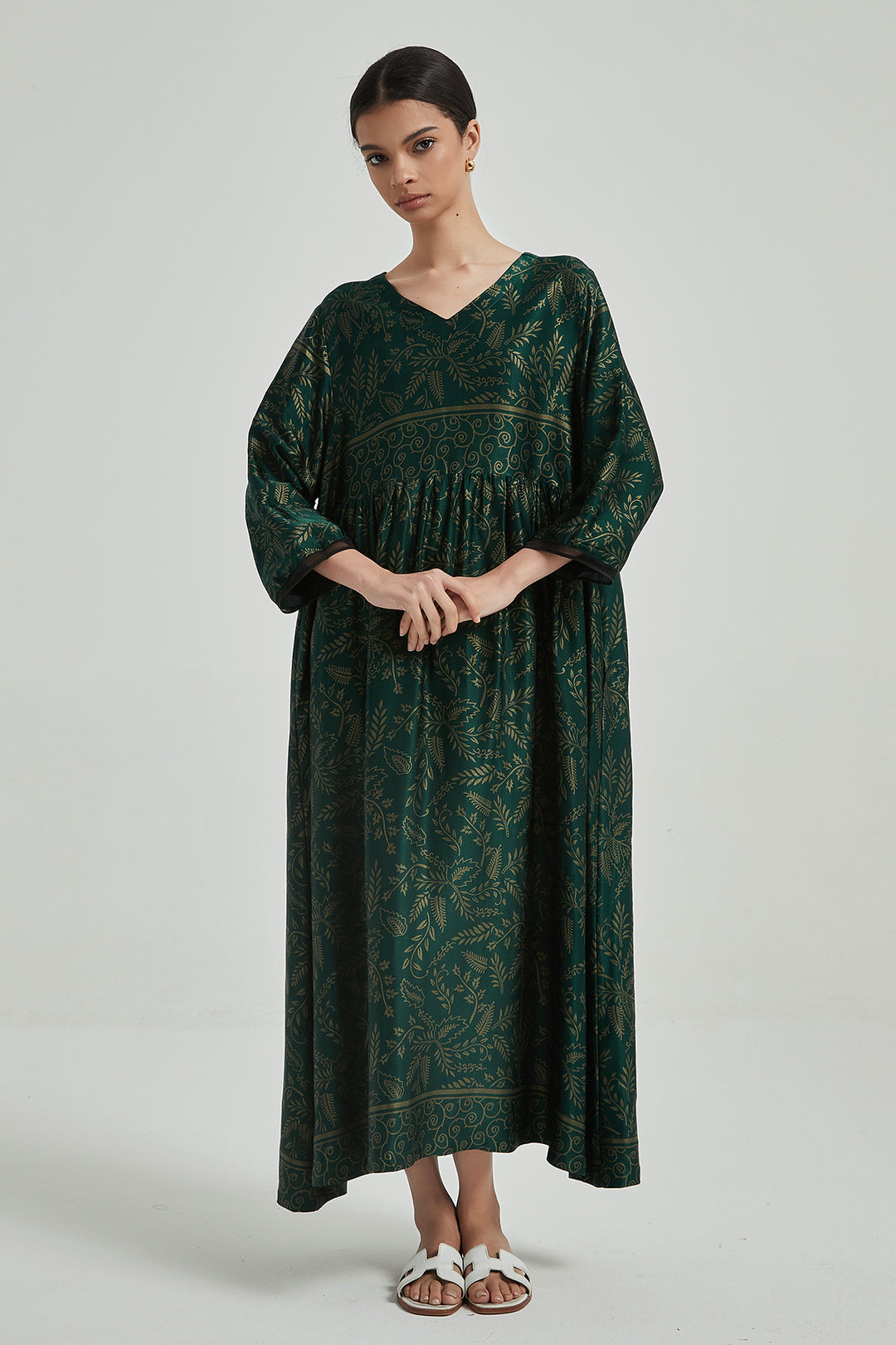 Robe en Soie Confortable Et Élégante Imprimée Rétro à Col en V - Vert