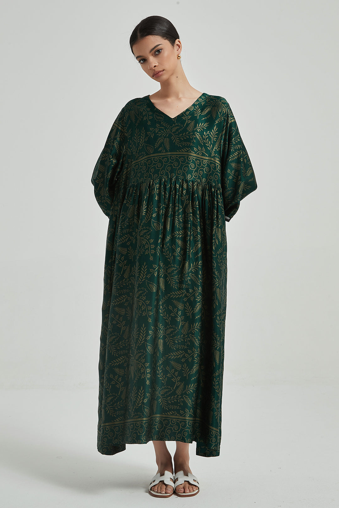 Robe en Soie Confortable Et Élégante Imprimée Rétro à Col en V - Vert