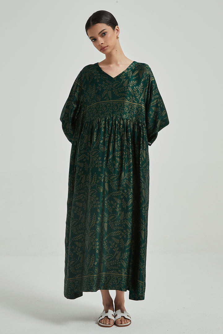 Robe en Soie Confortable Et Élégante Imprimée Rétro à Col en V - Vert