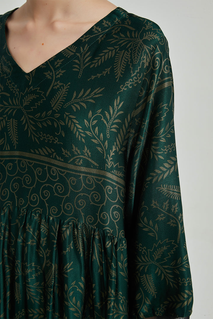 Robe en Soie Confortable Et Élégante Imprimée Rétro à Col en V - Vert
