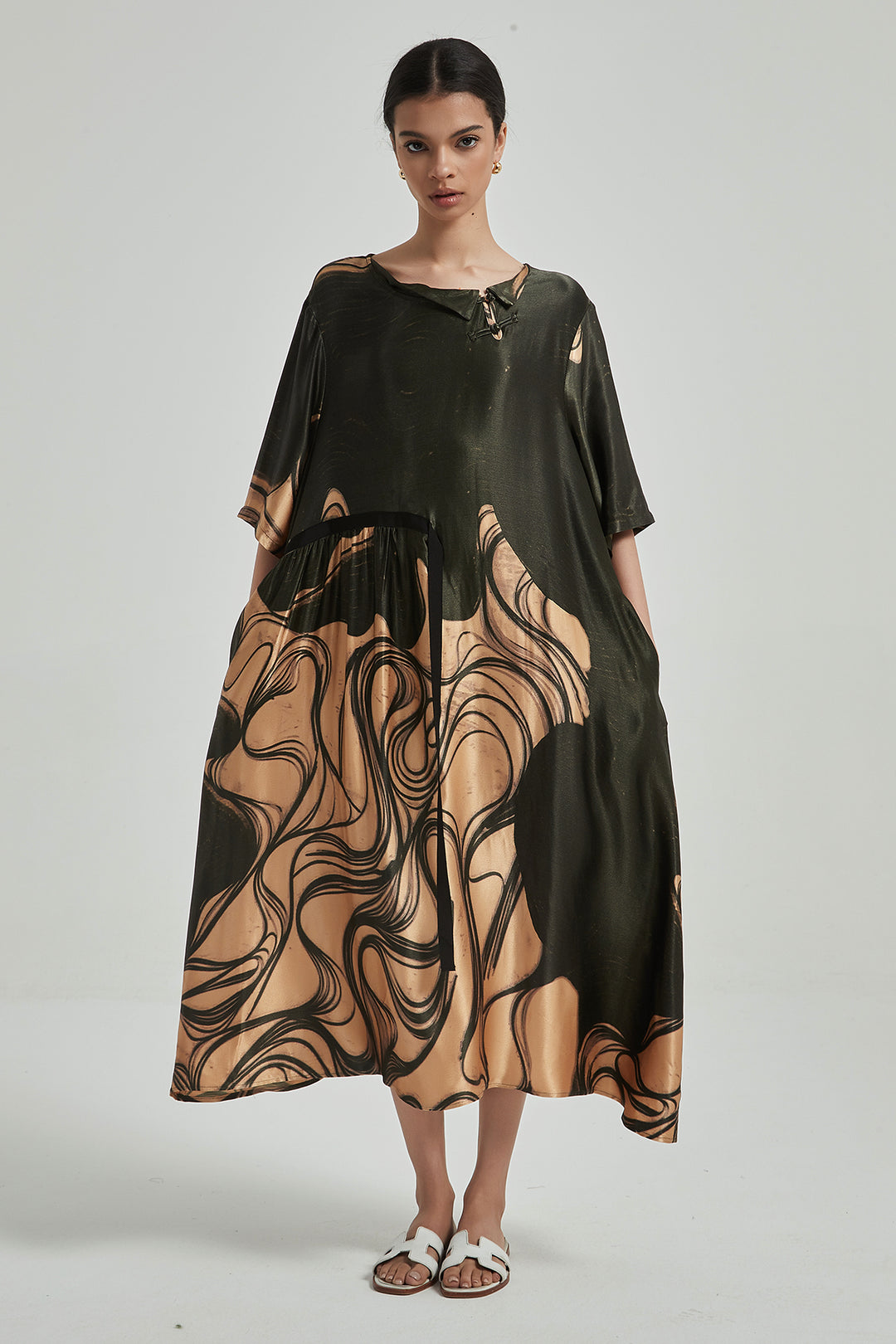 Abstract Print Short Sleeve Oversize Silk Dress
