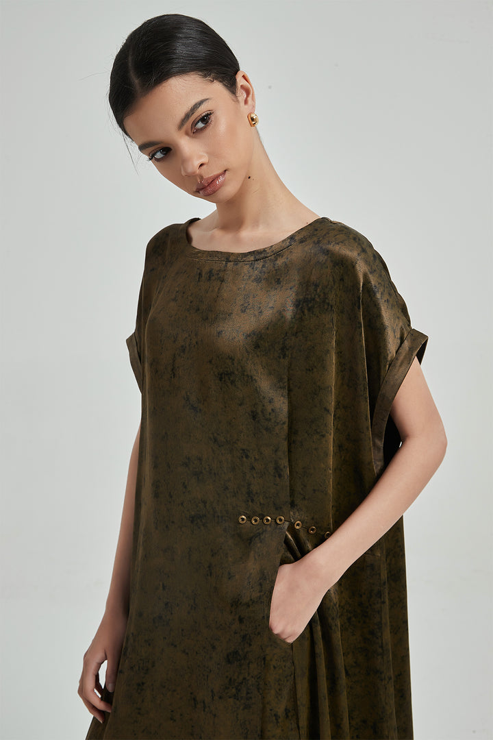 Conjunto de duas pernas largas de seda sólida de manga curta - marrom