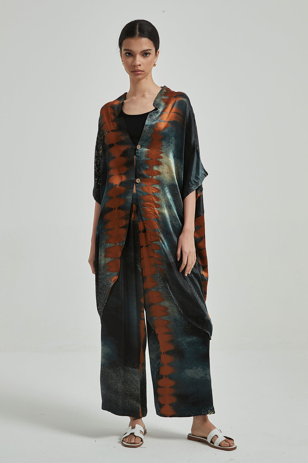 Bedrucktes, gemütliches Sommer-Zweiteiler-Set aus Seide mit weitem Bein