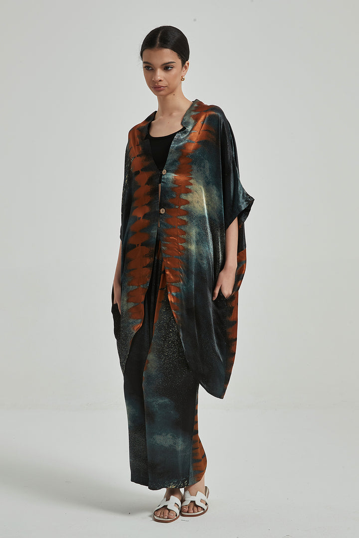 Bedrucktes, gemütliches Sommer-Zweiteiler-Set aus Seide mit weitem Bein