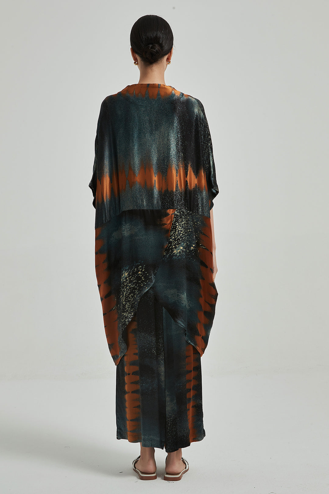 Bedrucktes, gemütliches Sommer-Zweiteiler-Set aus Seide mit weitem Bein