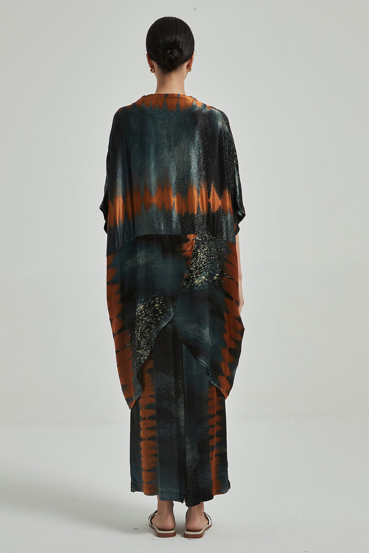 Bedrucktes, gemütliches Sommer-Zweiteiler-Set aus Seide mit weitem Bein