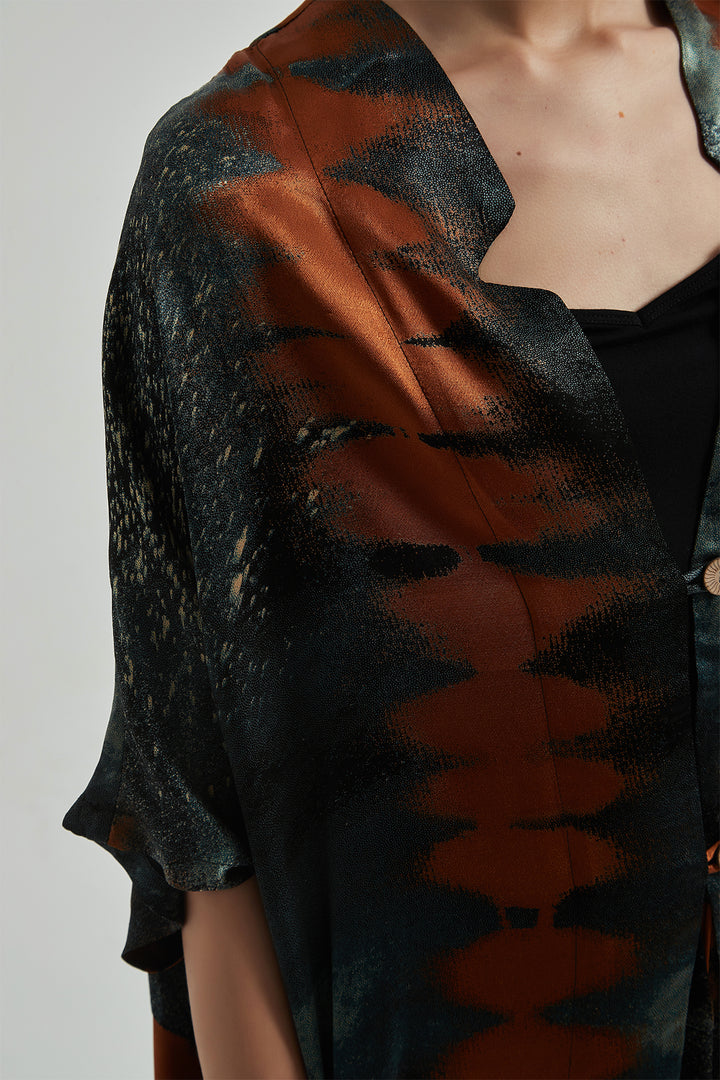 Bedrucktes, gemütliches Sommer-Zweiteiler-Set aus Seide mit weitem Bein