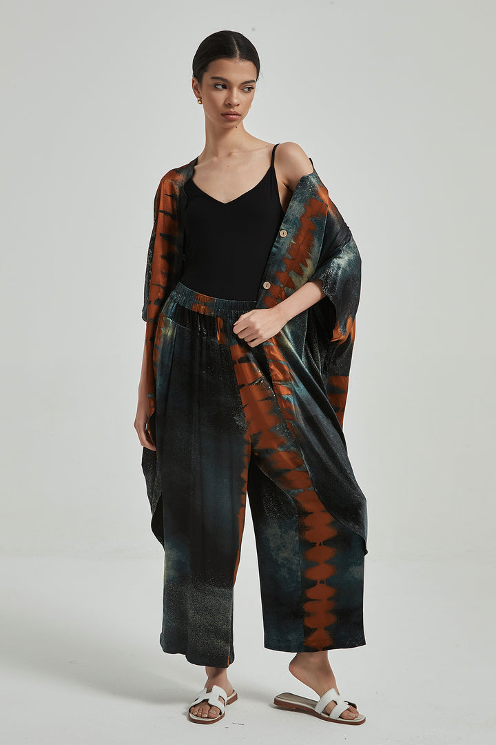 Bedrucktes, gemütliches Sommer-Zweiteiler-Set aus Seide mit weitem Bein