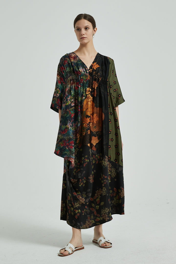 Vestido de seda aconchegante plissado irregular com decote em V