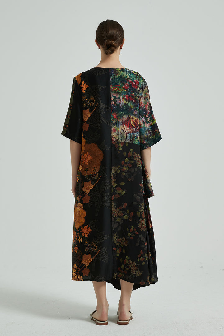 Vestido de seda aconchegante plissado irregular com decote em V