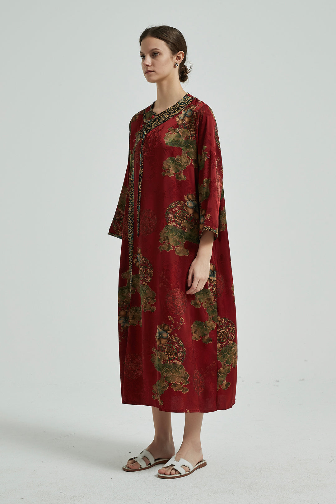 Vintage Button-up Maxi Silk Dress with Floral Patchwork Red
