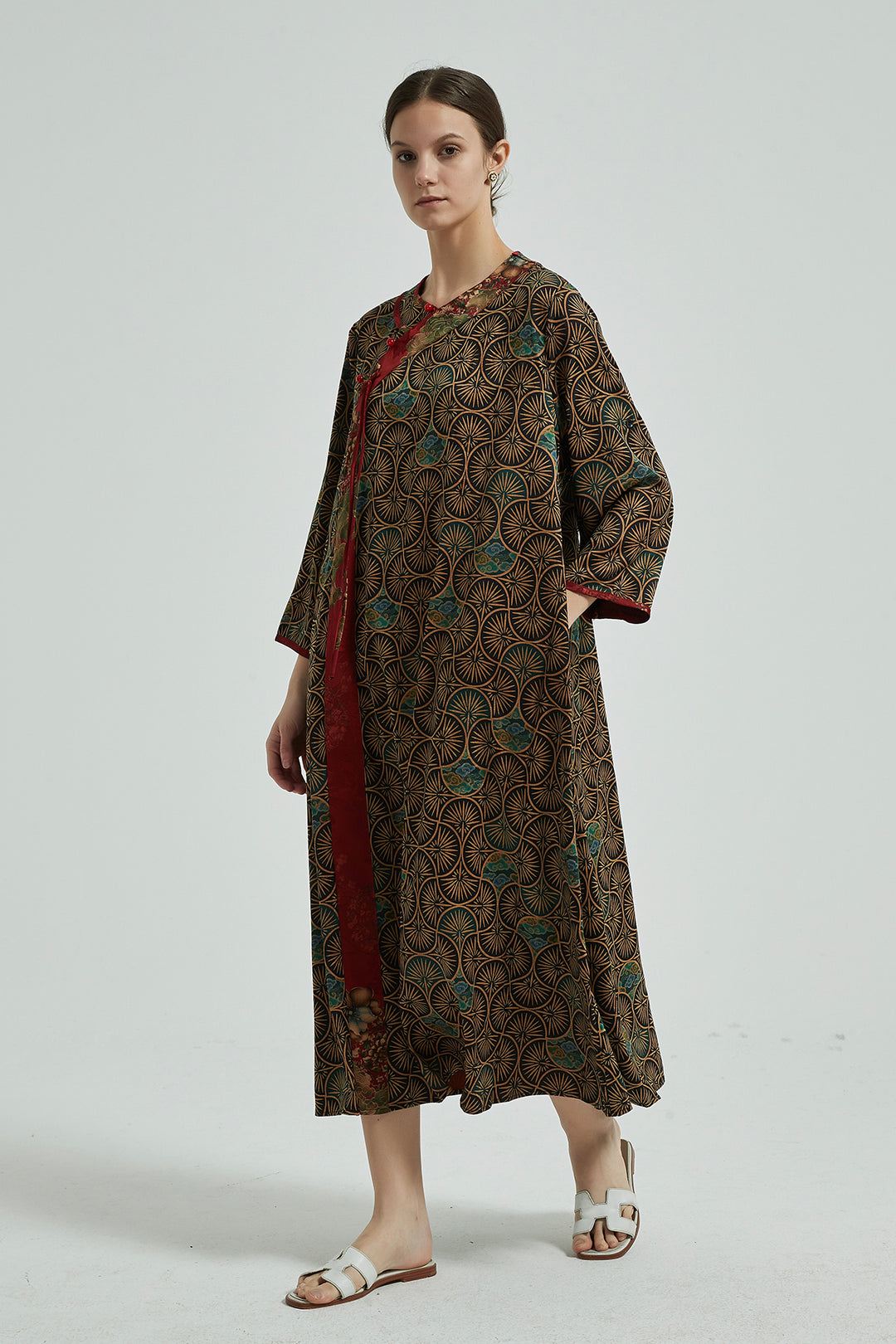 Vintage Button-up Maxi Silk Dress with Floral Patchwork Coffee