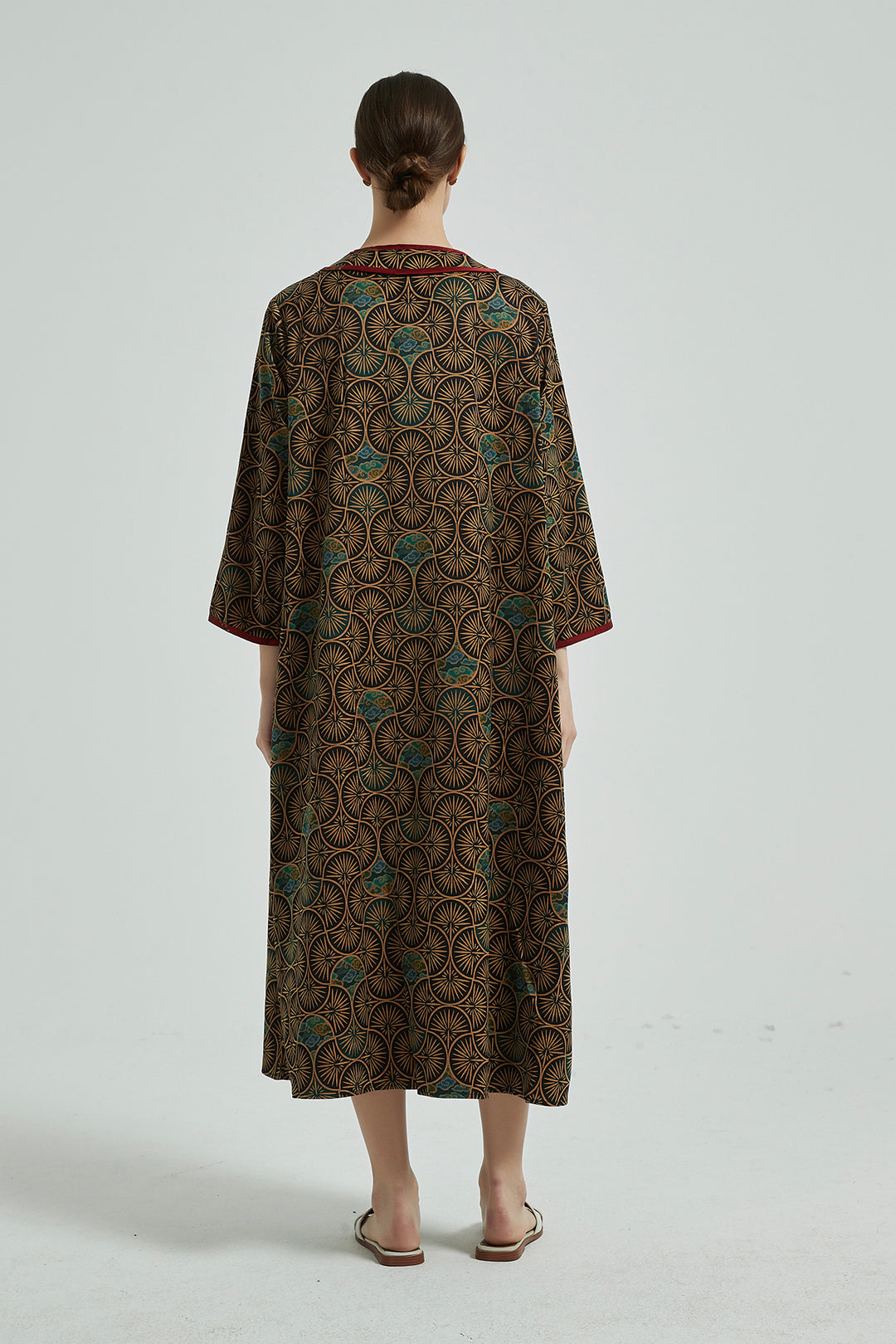 Vintage Button-up Maxi Silk Dress with Floral Patchwork Coffee