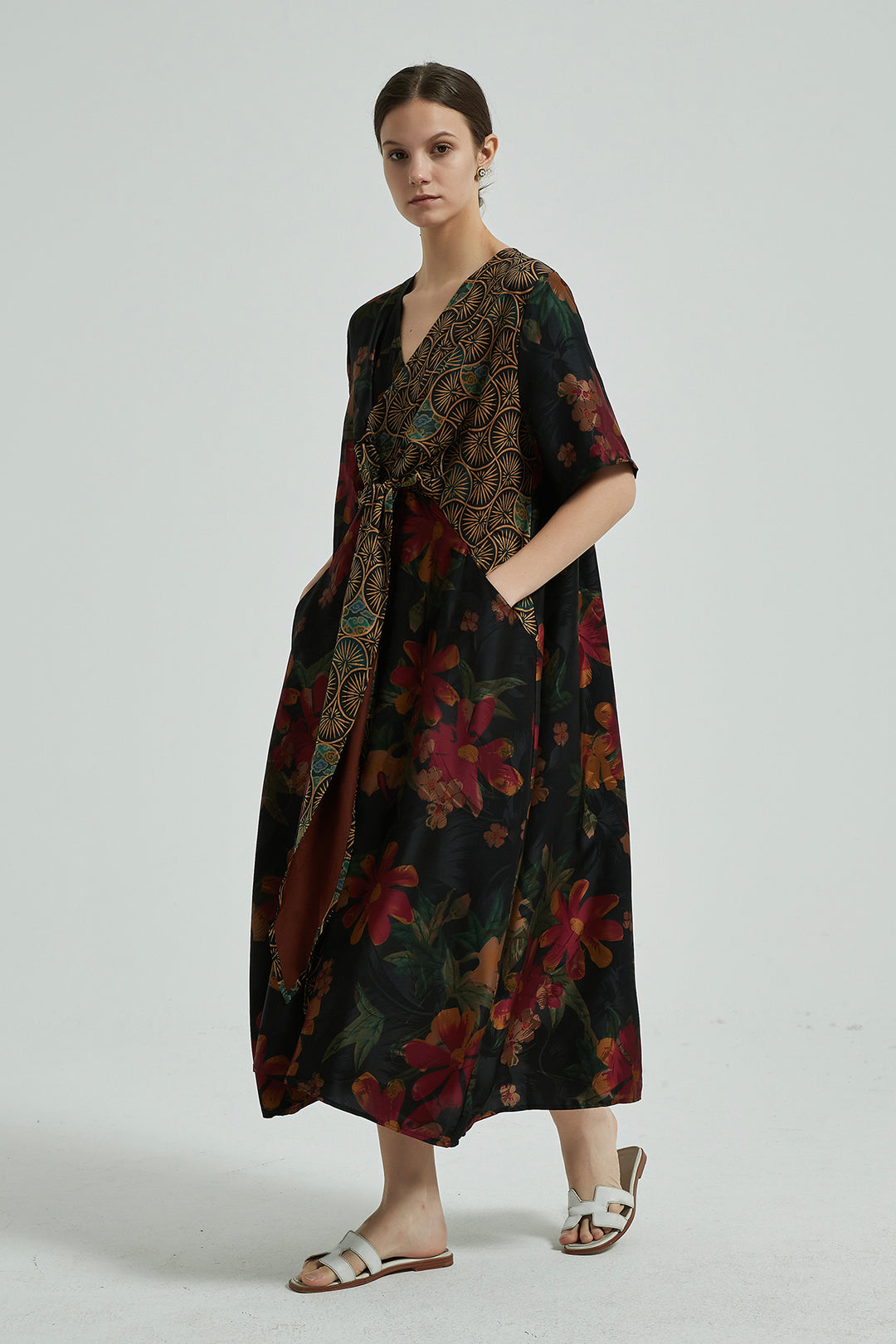 V Neck Patchwork Vintage Floral Maxi Silk Dress
