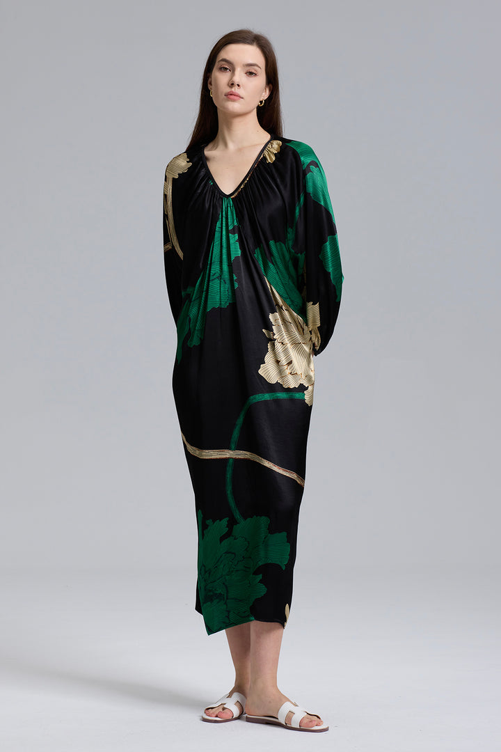 Cale V-Neck Cozy Silk Dress - Green