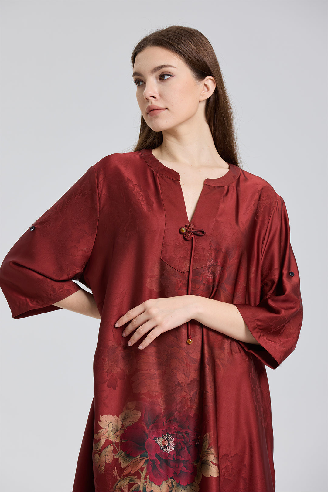 Eadie V-Neck Flower Design Retro Jacquard Dress