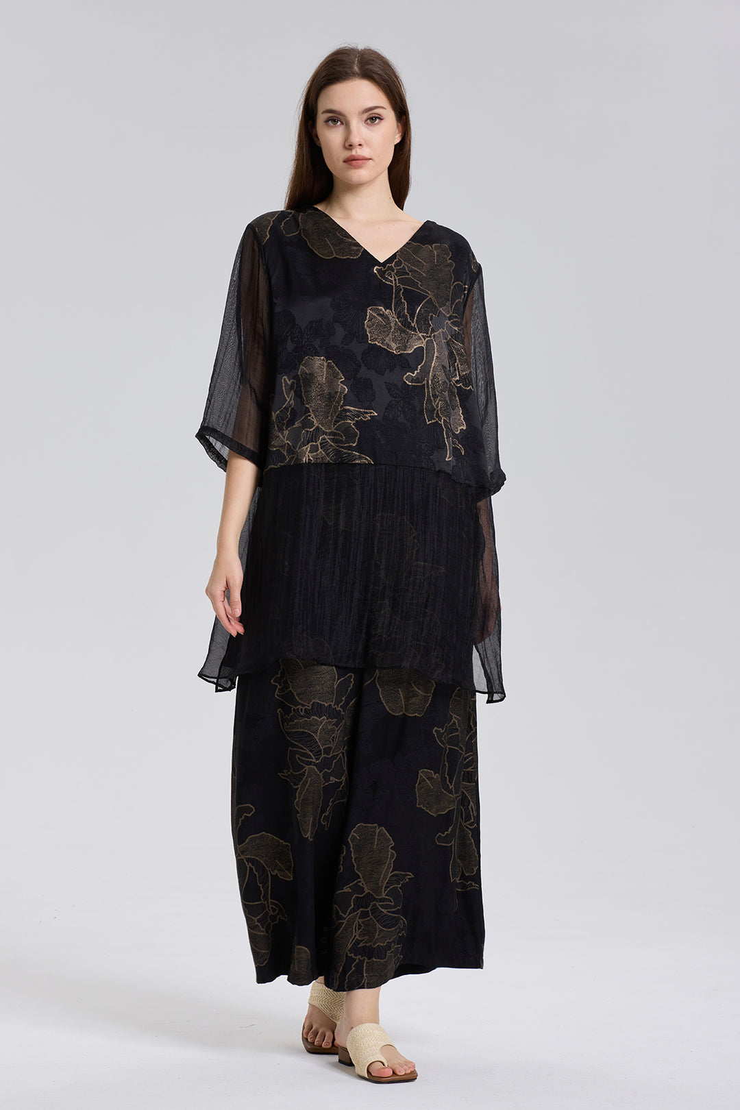 Byron V-Neck Mesh Splice Silk Two Set