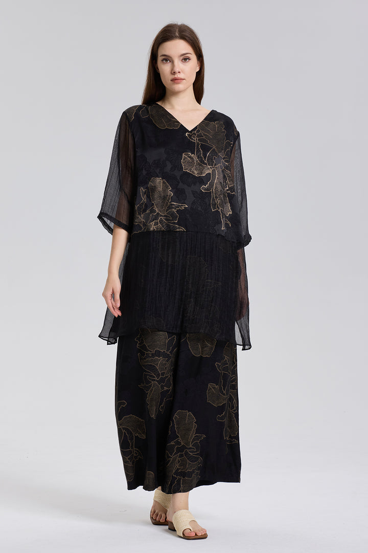 Byron V-Neck Mesh Splice Silk Two Set