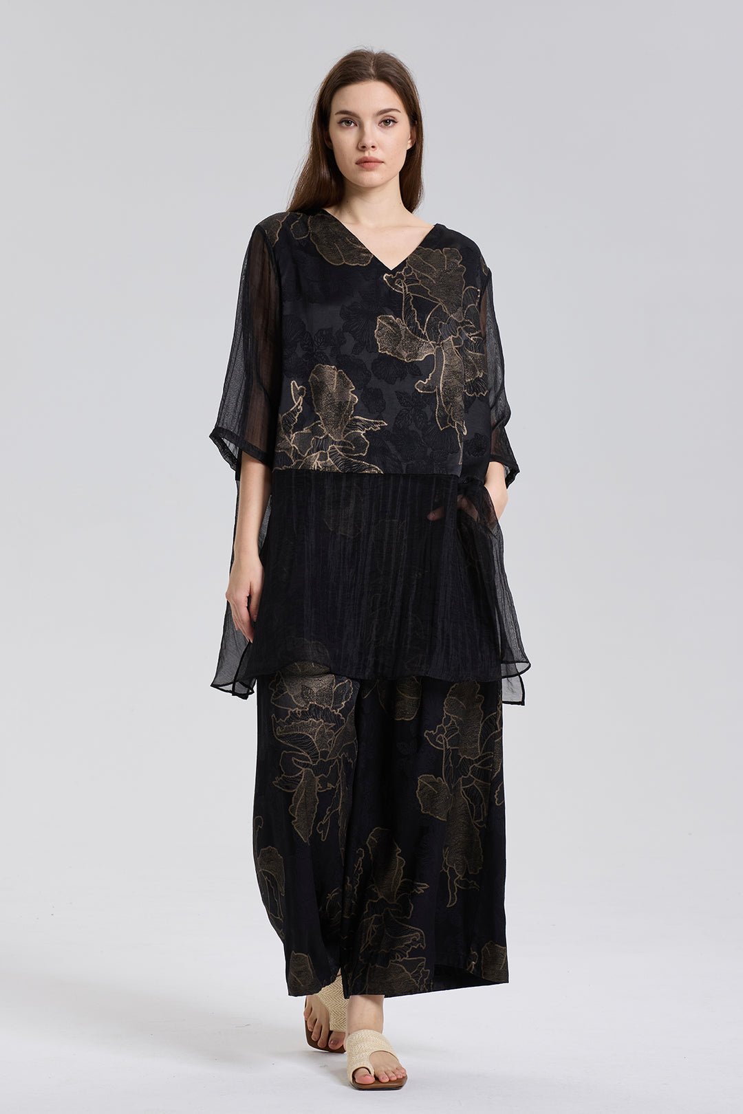 Byron V-Neck Mesh Splice Silk Two Set