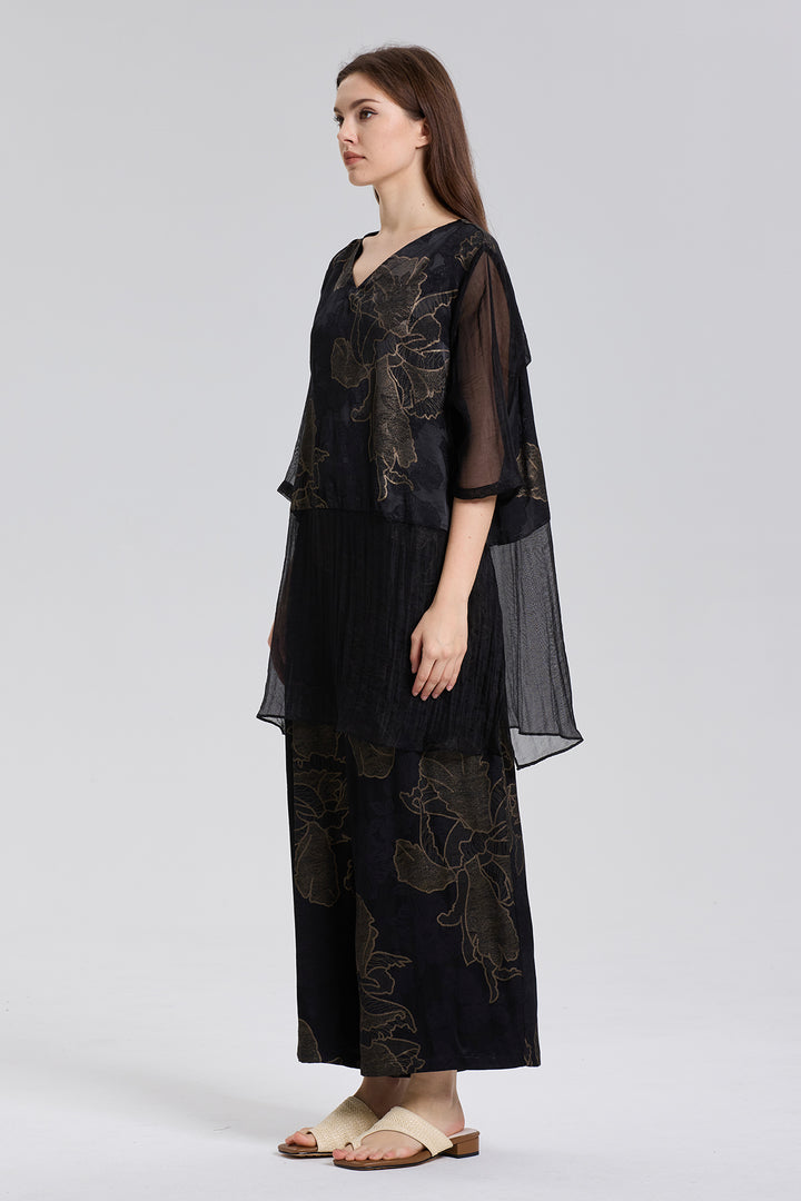 Byron V-Neck Mesh Splice Silk Two Set